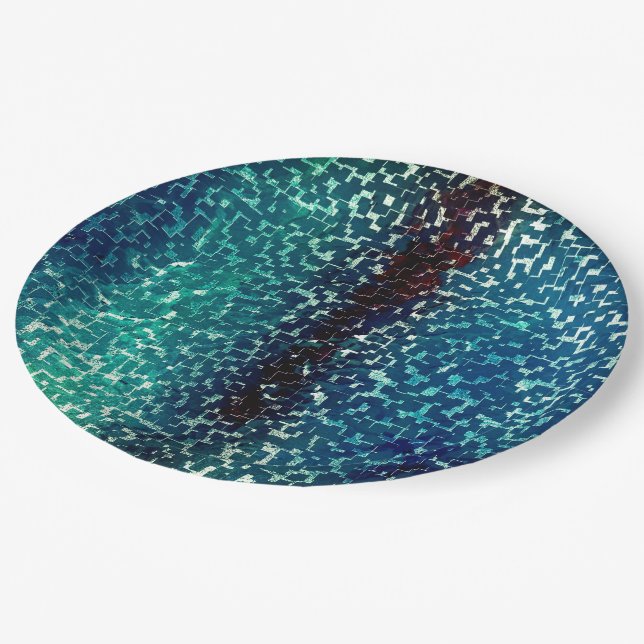 Neon blue mosaic style over rough hammered glass   paper plates (Angled)