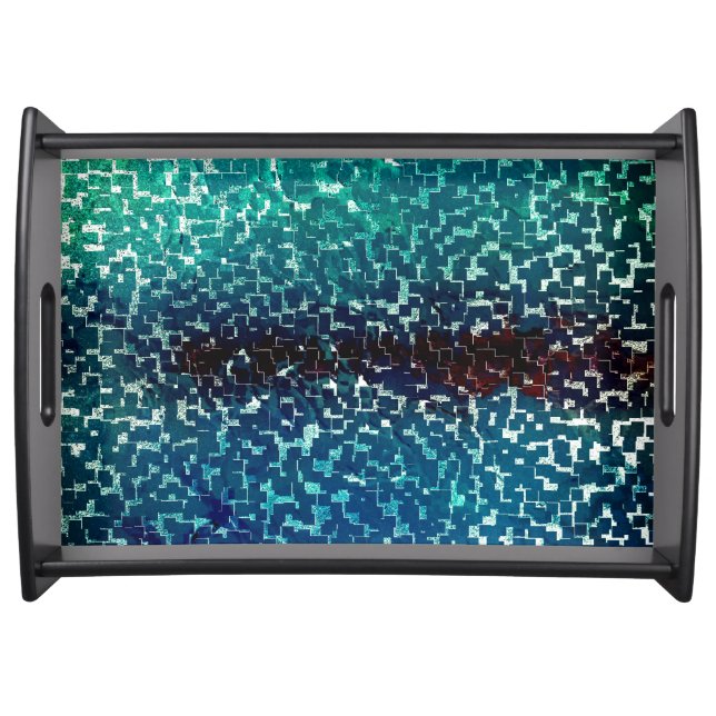 Neon blue mosaic style over rough hammered glass   serving tray (Front)