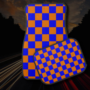 Neon Blue Orange Checkered Checkerboard Vintage Car Floor Mat