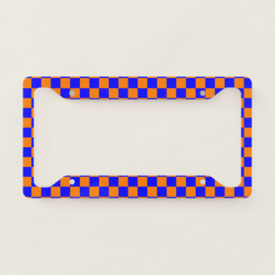 Neon Blue Orange Checkered Checkerboard Vintage License Plate Frame