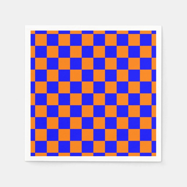 Neon Blue Orange Checkered Checkerboard Vintage Napkins (Front)