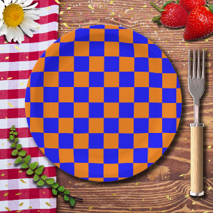 Neon Blue Orange Checkered Checkerboard Vintage Paper Plates