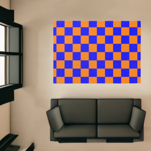 Neon Blue Orange Checkered Checkerboard Vintage Rug