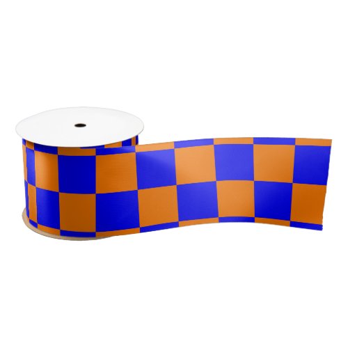 Neon Blue Orange Checkered Checkerboard Vintage Satin Ribbon