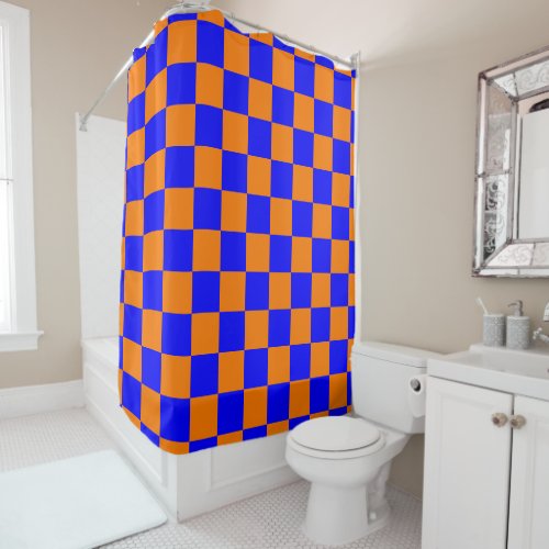 Neon Blue Orange Checkered Checkerboard Vintage Shower Curtain