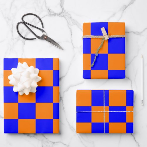 Neon Blue Orange Checkered Checkerboard Vintage Wrapping Paper Sheets