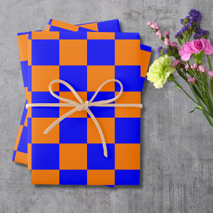 Neon Blue Orange Checkered Checkerboard Vintage Wrapping Paper Sheets