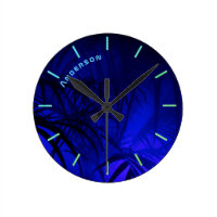 Neon BLUE PALM Leaf Personalized Wall Round Clock
