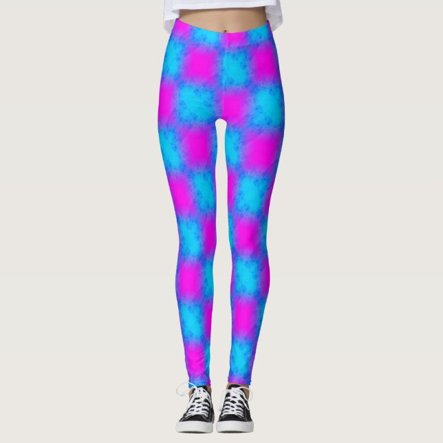 Neon Blue & Pink Checkered Pattern  Leggings (Front)