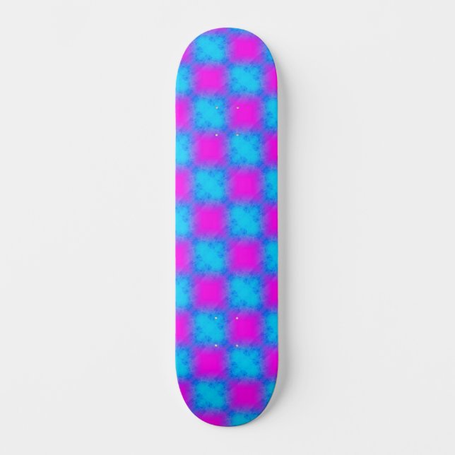 Neon Blue & Pink Checkered Pattern Skateboard (Front)