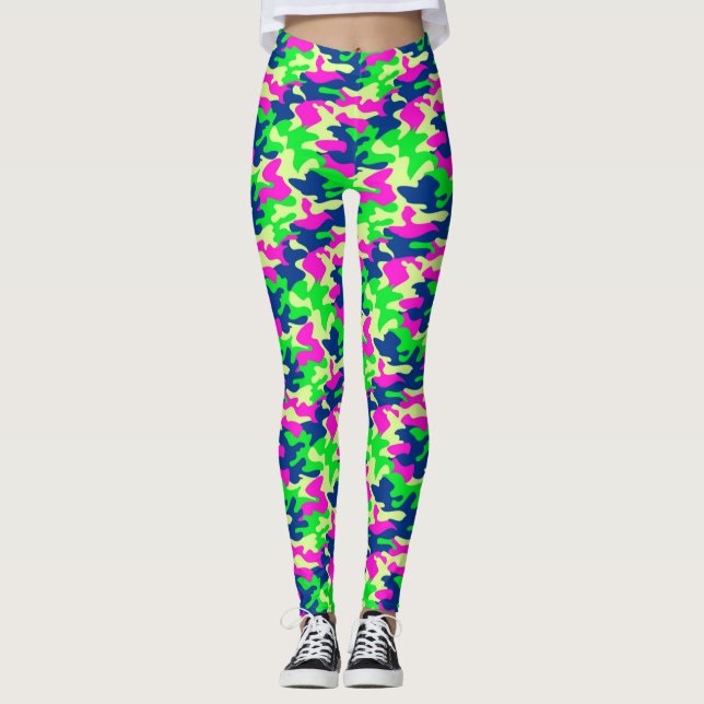 Neon Blue, Pink & Green Camouflage Leggings (Front)