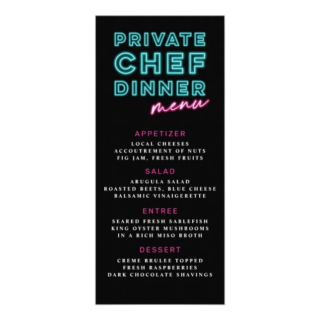 Neon Blue & Pink Private Chef Dinner Menu (Front)