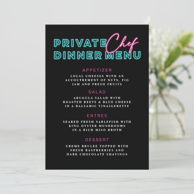 Neon Blue & Pink Private Chef Dinner Menu Invitation (Standing Front)