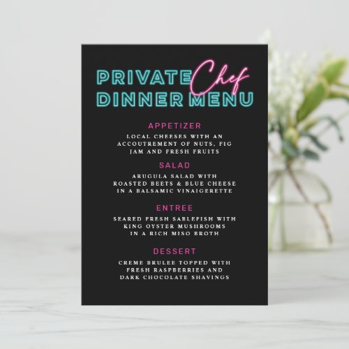 Neon Blue  Pink Private Chef Dinner Menu Invitation