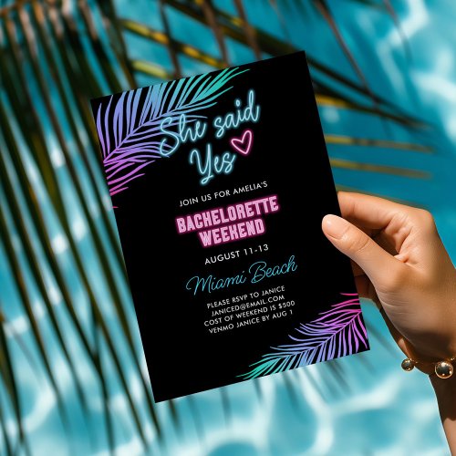 Neon Blue  Pink Tropical Bachelorette Weekend Invitation