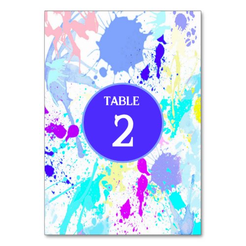 Neon Blue Pink Turquoise Purple Paint Splatter Table Number