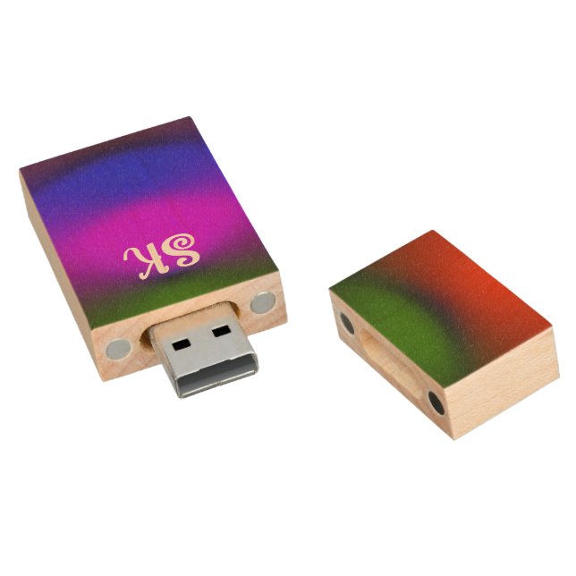 Neon Blue, Purple, Green, Orange Maple Monograms Wood Flash Drive (Angled)