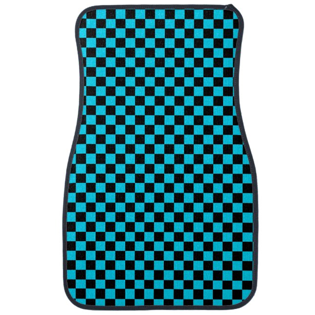 Neon Blue Racing Karting Checkered Car Mat (Front)