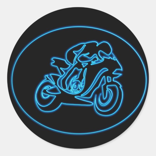 Neon Blue Racing Motorcycle Silhouette Classic Round Sticker (Front)