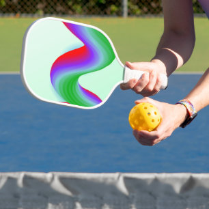Neon blue, red and green waves on blue pickleball paddle