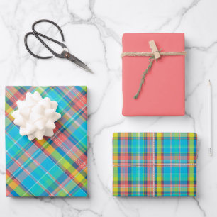 Neon Blue, Salmon & Green Plaid Wrapping Paper Sheets