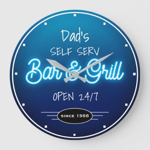 Neon Blue Script Dads or Any Name Bar Grill Large Clock