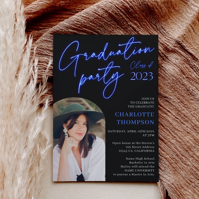 Neon blue sign script fun graduation photo arch invitation (Creator Uploaded)