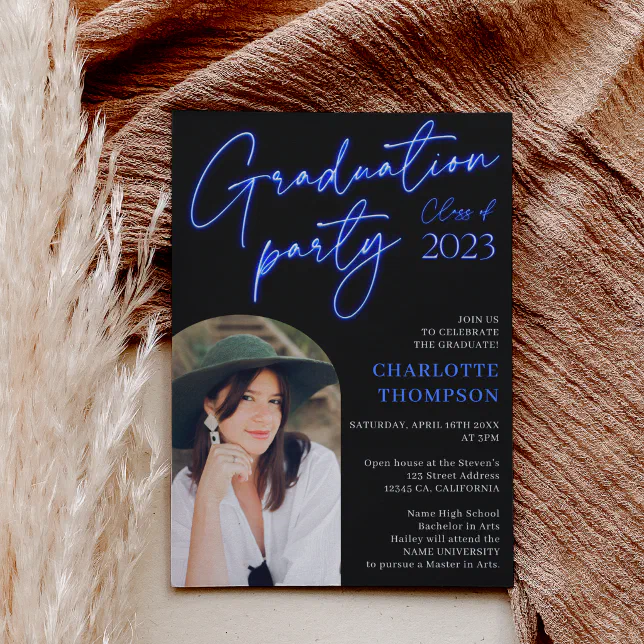 Neon blue sign script fun graduation photo arch invitation | Zazzle