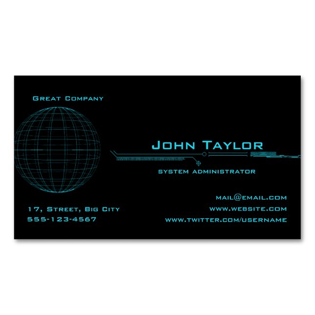 Neon Blue Sphere Cyber Business Card Magnet (Front)