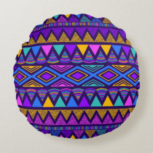 Neon Blue: Tribal Navajo Pattern Round Pillow