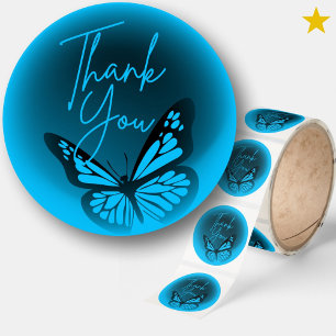 Neon Blue Turquoise Butterfly Thank You Classic Round Sticker