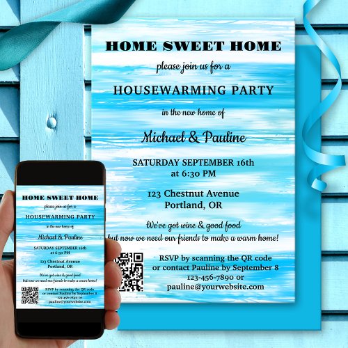 Neon Blue Turquoise Paint QR Housewarming Invitation