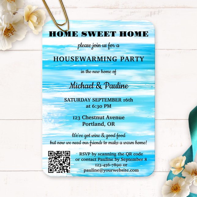 Neon Blue Turquoise Paint QR Housewarming Invitation (Housewarming party invitation featuring a grunge turquoise blue painted design with QR code template)