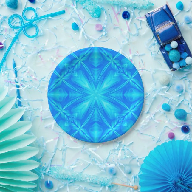 Neon Blue Turquoise Psychedelic Cloudy Abstract Paper Plates (Party)