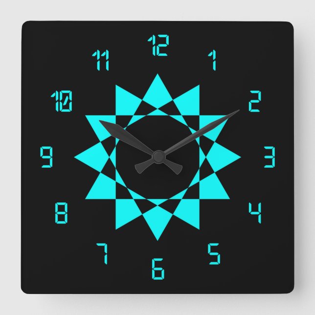 Neon Blue w/Star and Fun Numbers Square Wall Clock (Front)