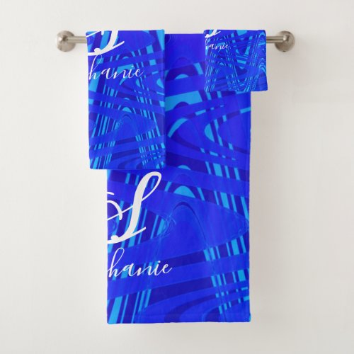 Neon Blue Wave Abstract Monogram Initials Nautical Bath Towel Set