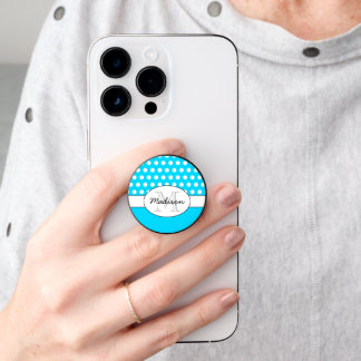 Neon blue White polka dot retro pattern Monogram PopSocket