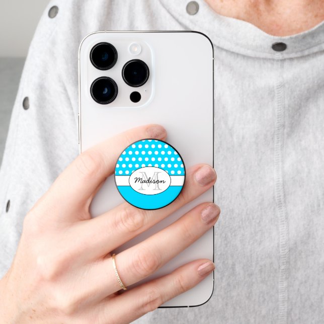 Neon blue White polka dot retro pattern Monogram PopSocket (Hand)