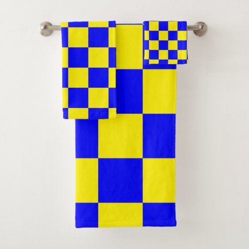 Neon Blue Yellow Checkered Checkerboard Vintage Bath Towel Set