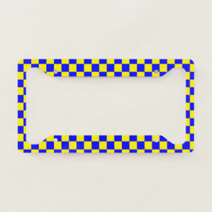 Neon Blue Yellow Checkered Checkerboard Vintage License Plate Frame