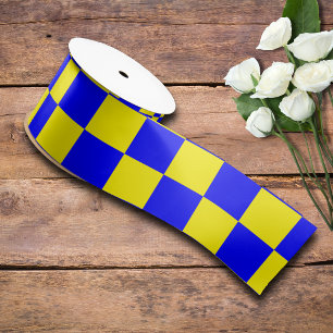 Neon Blue Yellow Checkered Checkerboard Vintage Satin Ribbon
