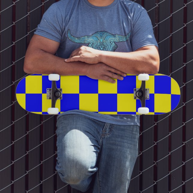 Neon Blue Yellow Checkered Checkerboard Vintage Skateboard (Outdoor 3)