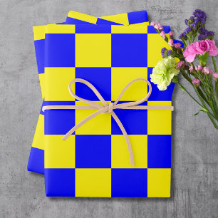 Neon Blue Yellow Checkered Checkerboard Vintage Wrapping Paper Sheets