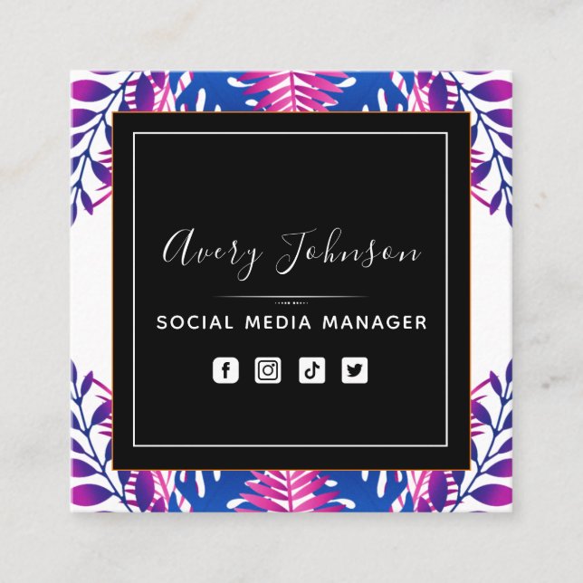 Neon Botanical Garden Bloom Qr Code Social Media   Square Business Card (Front)