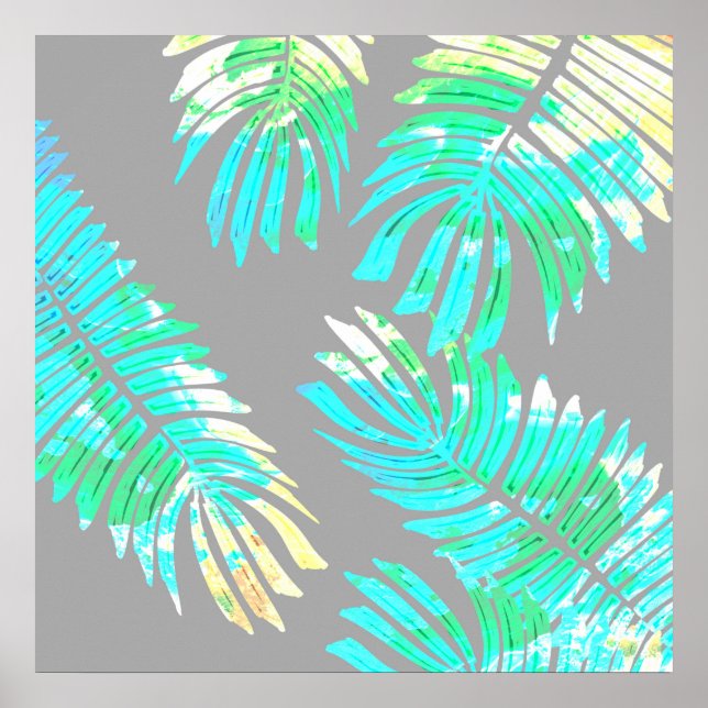 Neon Botanical Leaves on Gray Poster (Front)