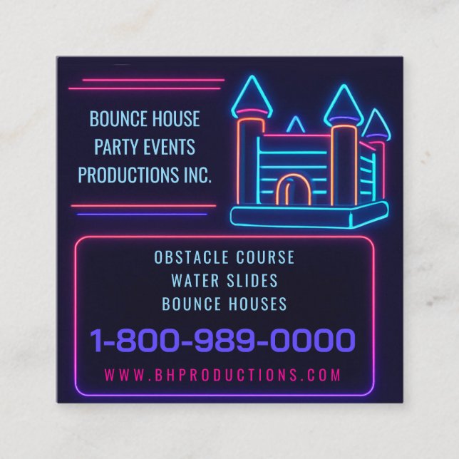 NEON BOUNCE HOUSE BIRTHDAY PARTY Rental Inflatable Square Business Card (Front)