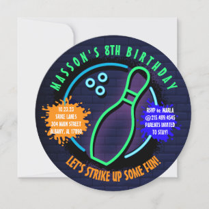 NEON BOWLING BALL ROUND Birthday Party Invitation