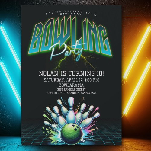 Neon Bowling Birthday Invitation
