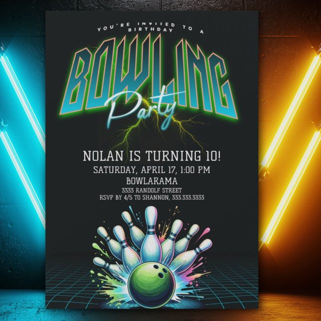 Neon Bowling Birthday Invitation (Creator Uploaded)