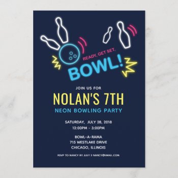 Neon Bowling Birthday Party Invitation by Jolie_Jolie_Design at Zazzle